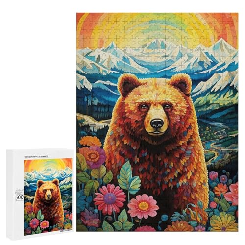Holzpuzzle für Erwachsene, 300/500/1000 Teile, bunter Blumenbär, abstrakter Poster-Stil, naive Kunst, Holzpuzzle, einzigartige Form, Geburtstagsgeschenke für Erwachsene und Kinder, Familienspiel von Generisch