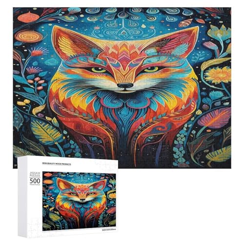Holzpuzzle für Erwachsene, 300/500/1000 Teile, bunter Blumenfuchs, abstrakter Poster-Stil, naive Kunst (7), horizontales Holzpuzzle, Geschenke für Männer, Frauen und Senioren, Familienspiel von Generisch