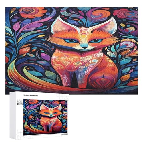 Holzpuzzle für Erwachsene, 300/500/1000 Teile, bunter Blumenfuchs, abstrakter Poster-Stil, naive Kunst (8), horizontales Holzpuzzle, Geschenke für Männer, Frauen und Senioren, Familienspiel von Generisch