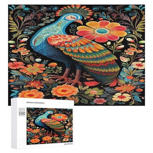 Holzpuzzle für Erwachsene, 300/500/1000 Teile, buntes Blumen-Pfau, abstrakter Poster-Stil, naive Kunst, horizontales Holzpuzzle, Geschenke für Männer, Frauen und Senioren, Familienspiel von Generisch