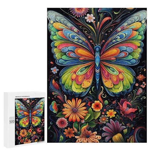 Holzpuzzle für Erwachsene, 300/500/1000 Teile, buntes Blumen-Schmetterling, abstrakter Poster-Stil, naive Kunst, Holz-Puzzle, einzigartige Form, Geburtstagsgeschenke für Erwachsene und Kinder von Generisch