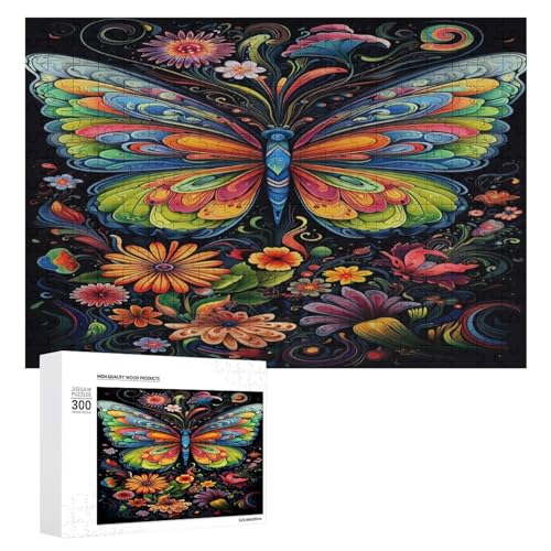 Holzpuzzle für Erwachsene, 300/500/1000 Teile, buntes Blumen-Schmetterling, abstrakter Poster-Stil, naive Kunst, horizontales Holzpuzzle, Geschenke für Männer, Frauen und Senioren, Familienspiel von Generisch
