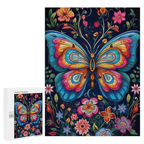Holzpuzzle für Erwachsene, 300/500/1000 Teile, buntes Blumen-Schmetterling, abstraktes Poster, naive Kunst, Holzpuzzle, einzigartige Form, Geburtstagsgeschenke für Erwachsene und Kinder, Familienspiel von Generisch