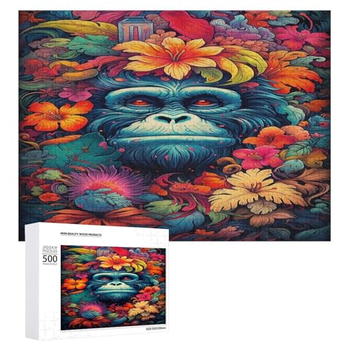 Holzpuzzle für Erwachsene, 300/500/1000 Teile, buntes Blumenaffe, abstrakter Poster-Stil, naive Kunst, horizontales Holzpuzzle, Geschenke für Männer, Frauen und Senioren, Familienspiel von Generisch