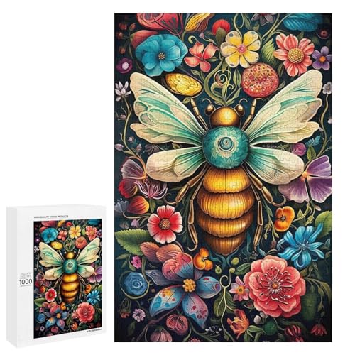 Holzpuzzle für Erwachsene, 300/500/1000 Teile, buntes Blumenbienen-abstraktes Poster, naive Kunst, Holzpuzzle, einzigartige Form, Geburtstagsgeschenke für Erwachsene und Kinder, Familienspiel von Generisch