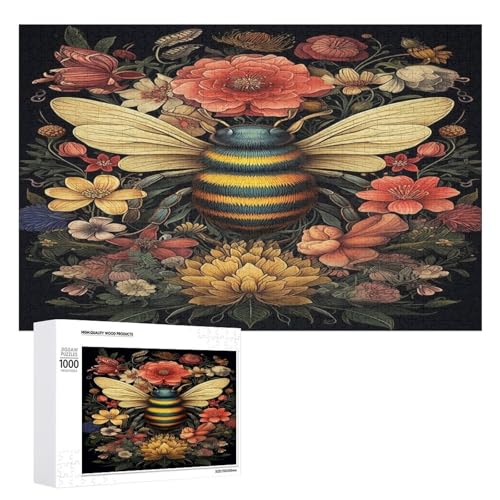 Holzpuzzle für Erwachsene, 300/500/1000 Teile, buntes Blumenbienen-abstraktes Poster-Stil, naive Kunst, horizontales Holzpuzzle, Geschenke für Männer, Frauen und Senioren, Familienspiel von Generisch