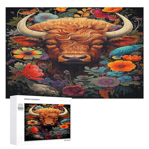 Holzpuzzle für Erwachsene, 300/500/1000 Teile, buntes Blumenbüffel, abstraktes Poster-Stil, naive Kunst, horizontales Holzpuzzle, Geschenke für Männer, Frauen und Senioren, Familienspiel von Generisch