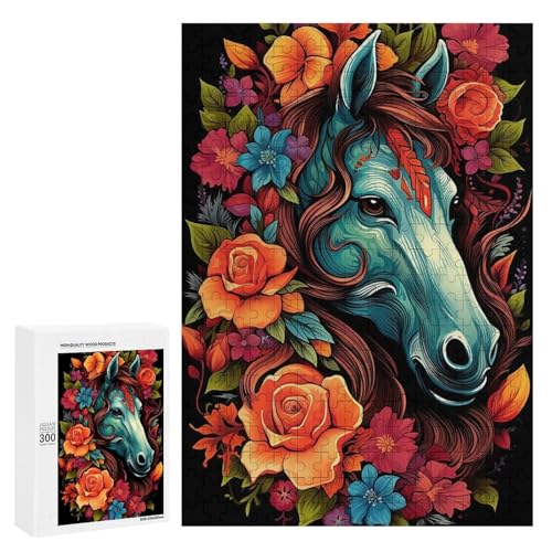 Holzpuzzle für Erwachsene, 300/500/1000 Teile, buntes Blumenpferd, abstrakter Poster-Stil, naive Kunst, Holzpuzzle, einzigartige Form, Geburtstagsgeschenke für Erwachsene und Kinder, Familienspiel von Generisch