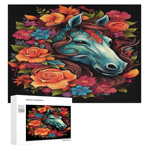 Holzpuzzle für Erwachsene, 300/500/1000 Teile, buntes Blumenpferd, abstrakter Poster-Stil, naive Kunst, horizontales Holzpuzzle, Geschenke für Männer, Frauen und Senioren, Familienspiel von Generisch