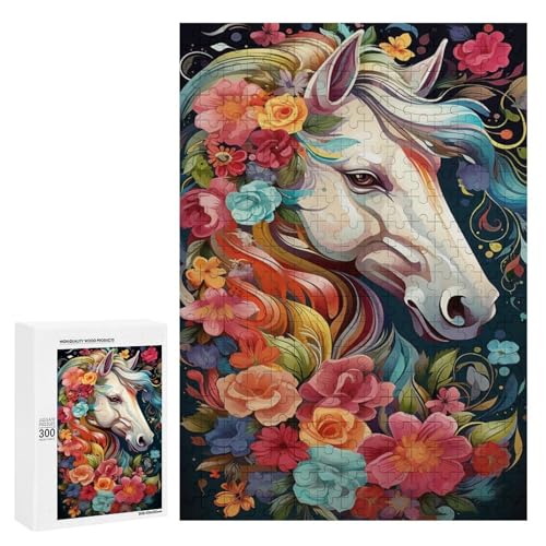 Holzpuzzle für Erwachsene, 300/500/1000 Teile, buntes Blumenpferd, abstrakter Poster-Stil, naive Kunst (2), Holzpuzzle, einzigartige Form, Geburtstagsgeschenke für Erwachsene und Kinder, Familienspiel von Generisch
