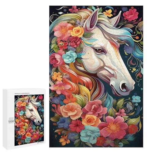 Holzpuzzle für Erwachsene, 300/500/1000 Teile, buntes Blumenpferd, abstrakter Poster-Stil, naive Kunst (2), Holzpuzzle, einzigartige Form, Geburtstagsgeschenke für Erwachsene und Kinder, Familienspiel von Generisch