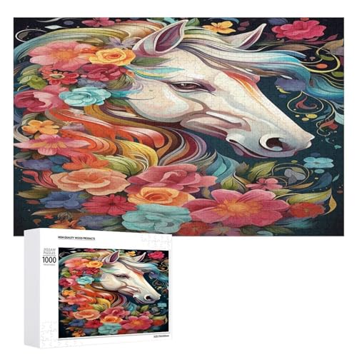Holzpuzzle für Erwachsene, 300/500/1000 Teile, buntes Blumenpferd, abstrakter Poster-Stil, naive Kunst (2), horizontales Holzpuzzle, Geschenke für Männer, Frauen und Senioren, Familienspiel von Generisch