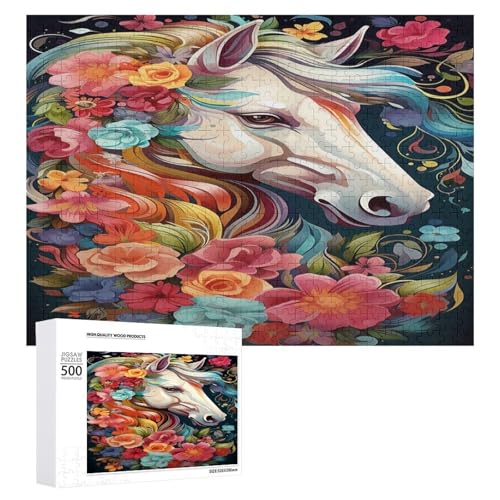 Holzpuzzle für Erwachsene, 300/500/1000 Teile, buntes Blumenpferd, abstrakter Poster-Stil, naive Kunst (2), horizontales Holzpuzzle, Geschenke für Männer, Frauen und Senioren, Familienspiel von Generisch