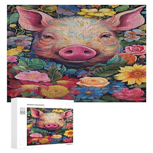 Holzpuzzle für Erwachsene, 300/500/1000 Teile, buntes Blumenschwein, abstrakter Poster-Stil, naive Kunst (2), horizontales Holzpuzzle, Geschenke für Männer, Frauen und Senioren, Familienspiel von Generisch