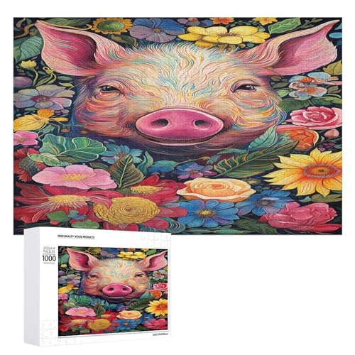 Holzpuzzle für Erwachsene, 300/500/1000 Teile, buntes Blumenschwein, abstrakter Poster-Stil, naive Kunst (2), horizontales Holzpuzzle, Geschenke für Männer, Frauen und Senioren, Familienspiel von Generisch