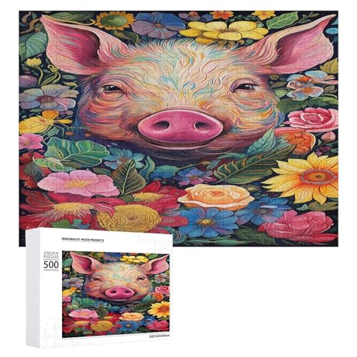 Holzpuzzle für Erwachsene, 300/500/1000 Teile, buntes Blumenschwein, abstrakter Poster-Stil, naive Kunst (2), horizontales Holzpuzzle, Geschenke für Männer, Frauen und Senioren, Familienspiel von Generisch