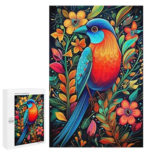 Holzpuzzle für Erwachsene, 300/500/1000 Teile, buntes Blumenvogel, abstraktes Poster, naive Kunst, Holzpuzzle, einzigartige Form, Geburtstagsgeschenke für Erwachsene und Kinder, Familienspiel von Generisch