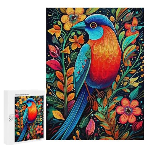 Holzpuzzle für Erwachsene, 300/500/1000 Teile, buntes Blumenvogel, abstraktes Poster, naive Kunst, Holzpuzzle, einzigartige Form, Geburtstagsgeschenke für Erwachsene und Kinder, Familienspiel von Generisch