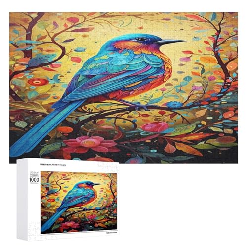 Holzpuzzle für Erwachsene, 300/500/1000 Teile, buntes Blumenvogel, abstraktes Poster-Stil, naive Kunst, horizontales Holzpuzzle, Geschenke für Männer, Frauen und Senioren, Familienspiel von Generisch