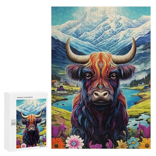 Holzpuzzle für Erwachsene, 300/500/1000 Teile, buntes Yak-Blumenmuster, abstrakte Poster-Stil, naive Kunst (2), Holzpuzzle, einzigartige Form, Geburtstagsgeschenke für Erwachsene und Kinder von Generisch