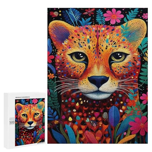 Holzpuzzle für Erwachsene, 300/500/1000 Teile, buntes florales Gepard, abstraktes Poster, Holzpuzzle, einzigartige Form, Geburtstagsgeschenke für Erwachsene und Kinder, Familienspiel, horizontal von Generisch