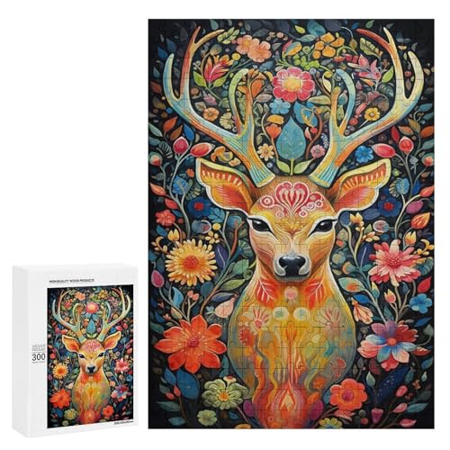 Holzpuzzle für Erwachsene, 300/500/1000 Teile, buntes florales Hirsch, abstrakter Poster-Stil, naive Kunst, Holzpuzzle, einzigartige Form, Geburtstagsgeschenke für Erwachsene und Kinder, Familienspiel von Generisch