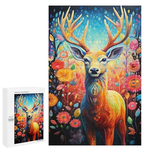 Holzpuzzle für Erwachsene, 300/500/1000 Teile, buntes florales Hirsch, abstraktes Poster, naive Kunst, Holzpuzzle, einzigartige Form, Geburtstagsgeschenke für Erwachsene und Kinder, Familienspiel von Generisch