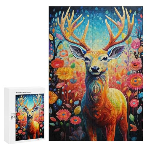 Holzpuzzle für Erwachsene, 300/500/1000 Teile, buntes florales Hirsch, abstraktes Poster, naive Kunst, Holzpuzzle, einzigartige Form, Geburtstagsgeschenke für Erwachsene und Kinder, Familienspiel von Generisch