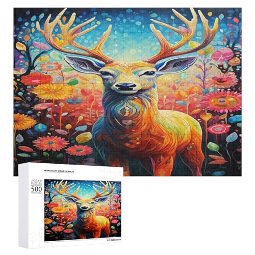 Holzpuzzle für Erwachsene, 300/500/1000 Teile, buntes florales Hirsch, abstraktes Poster, naive Kunst, horizontales Holzpuzzle, Geschenke für Männer, Frauen und Senioren, Familienspiel von Generisch
