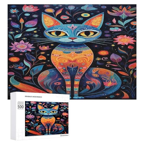 Holzpuzzle für Erwachsene, 300/500/1000 Teile, buntes florales Katze, abstrakter Poster-Stil, naive Kunst, horizontales Holzpuzzle, Geschenke für Männer, Frauen und Senioren, Familienspiel von Generisch
