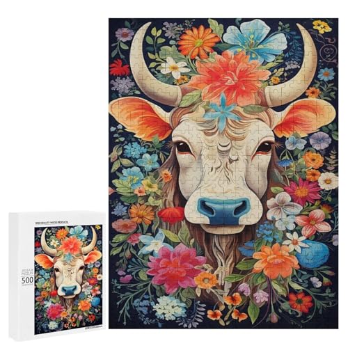 Holzpuzzle für Erwachsene, 300/500/1000 Teile, buntes florales Kuh, abstrakter Poster-Stil, naive Kunst, Holzpuzzle, einzigartige Form, Geburtstagsgeschenke für Erwachsene und Kinder, Familienspiel von Generisch