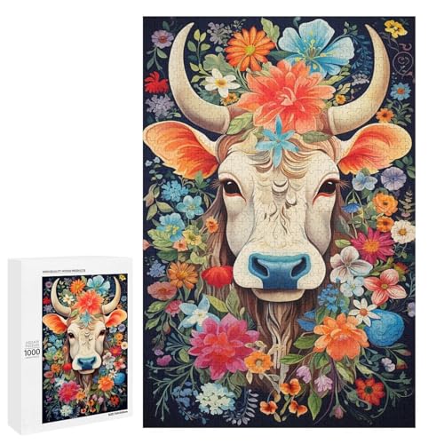 Holzpuzzle für Erwachsene, 300/500/1000 Teile, buntes florales Kuh, abstrakter Poster-Stil, naive Kunst, Holzpuzzle, einzigartige Form, Geburtstagsgeschenke für Erwachsene und Kinder, Familienspiel von Generisch