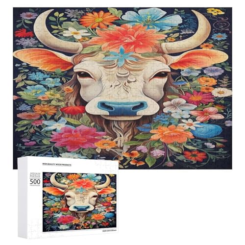 Holzpuzzle für Erwachsene, 300/500/1000 Teile, buntes florales Kuh, abstrakter Poster-Stil, naive Kunst, horizontales Holzpuzzle, Geschenke für Männer, Frauen und Senioren, Familienspiel von Generisch