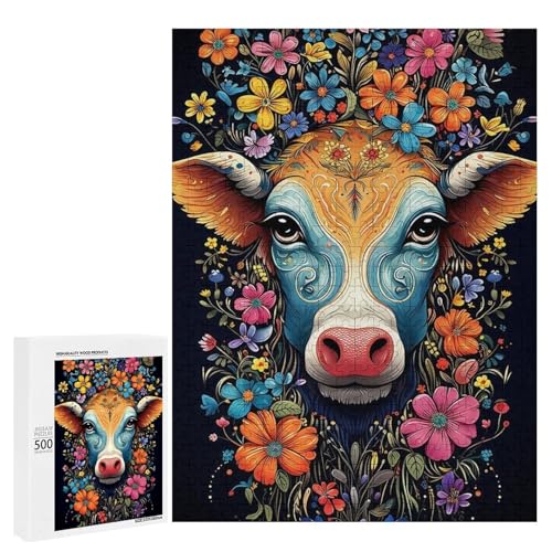 Holzpuzzle für Erwachsene, 300/500/1000 Teile, buntes florales Kuh, abstraktes Poster, naive Kunst, Holzpuzzle, einzigartige Form, Geburtstagsgeschenke für Erwachsene und Kinder, Familienspiel von Generisch