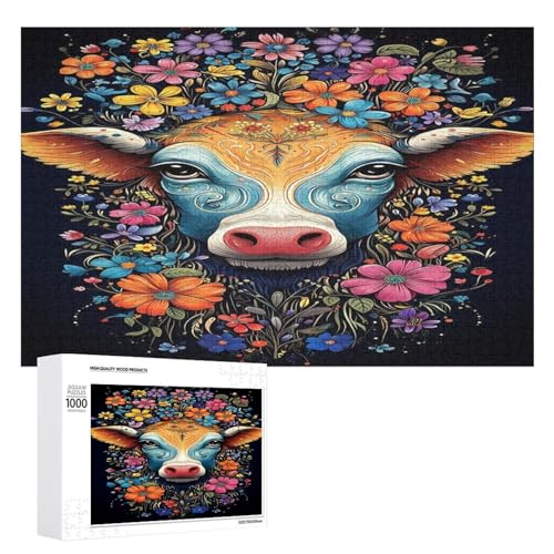 Holzpuzzle für Erwachsene, 300/500/1000 Teile, buntes florales Kuh, abstraktes Poster, naive Kunst, horizontales Holzpuzzle, Geschenke für Männer, Frauen und Senioren, Familienspiel von Generisch