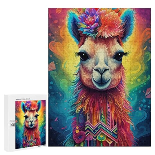 Holzpuzzle für Erwachsene, 300/500/1000 Teile, buntes florales Lama, abstrakter Poster-Stil, naive Kunst, Holzpuzzle, einzigartige Form, Geburtstagsgeschenke für Erwachsene und Kinder, Familienspiel von Generisch