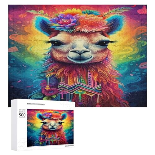 Holzpuzzle für Erwachsene, 300/500/1000 Teile, buntes florales Lama, abstrakter Poster-Stil, naive Kunst, horizontales Holzpuzzle, Geschenke für Männer, Frauen und Senioren, Familienspiel von Generisch