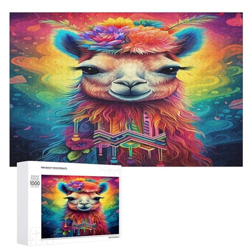 Holzpuzzle für Erwachsene, 300/500/1000 Teile, buntes florales Lama, abstrakter Poster-Stil, naive Kunst, horizontales Holzpuzzle, Geschenke für Männer, Frauen und Senioren, Familienspiel von Generisch