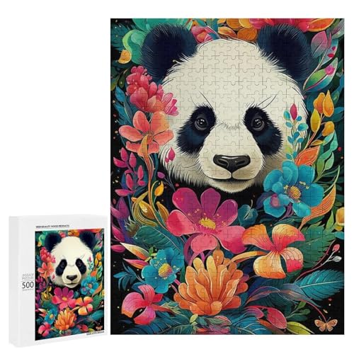 Holzpuzzle für Erwachsene, 300/500/1000 Teile, buntes florales Panda, abstraktes Poster-Stil, naive Kunst, Holzpuzzle, einzigartige Form, Geburtstagsgeschenke für Erwachsene und Kinder, Familienspiel von Generisch