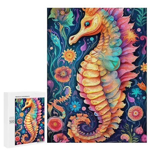 Holzpuzzle für Erwachsene, 300/500/1000 Teile, buntes florales Seepferdchen, abstrakter Poster-Stil, naive Kunst, Holzpuzzle, einzigartige Form, Geburtstagsgeschenke für Erwachsene und Kinder von Generisch