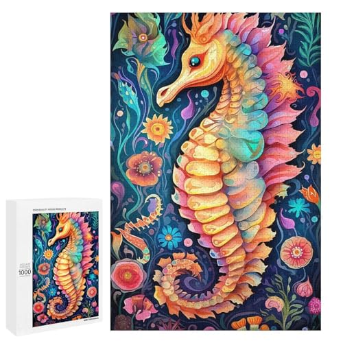 Holzpuzzle für Erwachsene, 300/500/1000 Teile, buntes florales Seepferdchen, abstrakter Poster-Stil, naive Kunst, Holzpuzzle, einzigartige Form, Geburtstagsgeschenke für Erwachsene und Kinder von Generisch