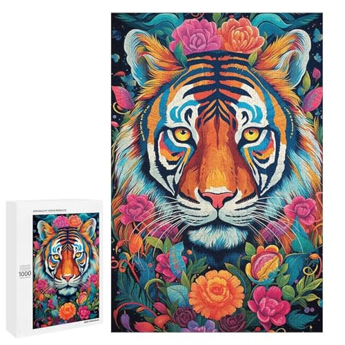 Holzpuzzle für Erwachsene, 300/500/1000 Teile, buntes florales Tiger, abstrakter Poster-Stil, naive Kunst, Holzpuzzle, einzigartige Form, Geburtstagsgeschenke für Erwachsene und Kinder, Familienspiel von Generisch