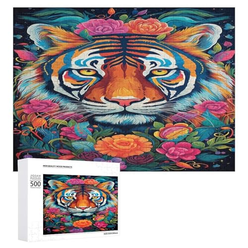 Holzpuzzle für Erwachsene, 300/500/1000 Teile, buntes florales Tiger, abstraktes Poster-Stil, naive Kunst, horizontales Holzpuzzle, Geschenke für Männer, Frauen und Senioren, Familienspiel von Generisch