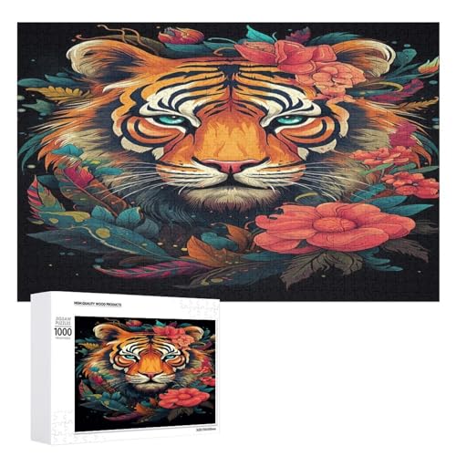 Holzpuzzle für Erwachsene, 300/500/1000 Teile, buntes florales Tiger, abstraktes Poster-Stil, naive Kunst, horizontales Holzpuzzle, Geschenke für Männer, Frauen und Senioren, Familienspiel von Generisch