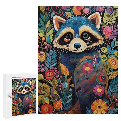 Holzpuzzle für Erwachsene, 300/500/1000 Teile, buntes florales Waschbär, abstrakter Poster-Stil, naive Kunst, Holzpuzzle, einzigartige Form, Geburtstagsgeschenke für Erwachsene und Kinder von Generisch