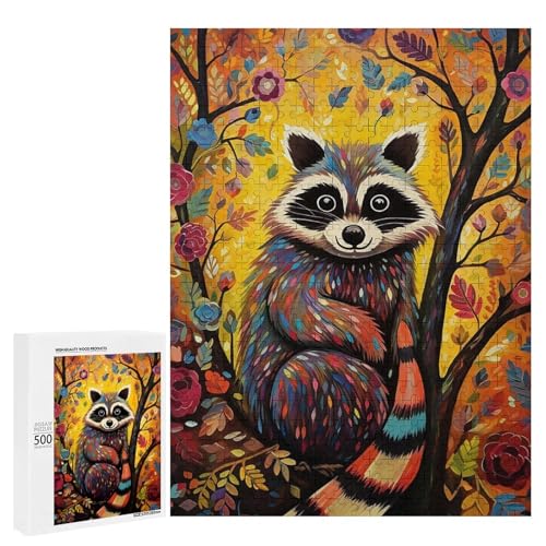 Holzpuzzle für Erwachsene, 300/500/1000 Teile, buntes florales Waschbär, abstrakter Poster-Stil, naive Kunst (3), Holzpuzzle, einzigartige Form, Geburtstagsgeschenke für Erwachsene und Kinder von Generisch