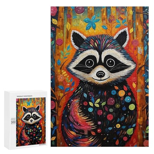 Holzpuzzle für Erwachsene, 300/500/1000 Teile, buntes florales Waschbär, abstrakter Poster-Stil, naive Kunst (4), Holzpuzzle, einzigartige Form, Geburtstagsgeschenke für Erwachsene und Kinder von Generisch