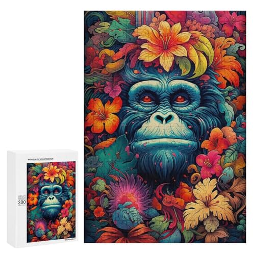 Holzpuzzle für Erwachsene, 300/500/1000 Teile, farbenfroher Blumenaffe, abstrakter Poster-Stil, naive Kunst, Holzpuzzle, einzigartige Form, Geburtstagsgeschenke für Erwachsene und Kinder von Generisch