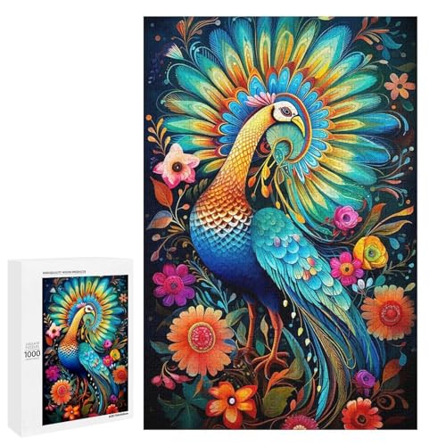 Holzpuzzle für Erwachsene, 300/500/1000 Teile, farbenfroher Pfau, abstrakter Poster-Stil, naive Kunst (3), Holzpuzzle, einzigartige Form, Geburtstagsgeschenke für Erwachsene und Kinder, Familienspiel von Generisch