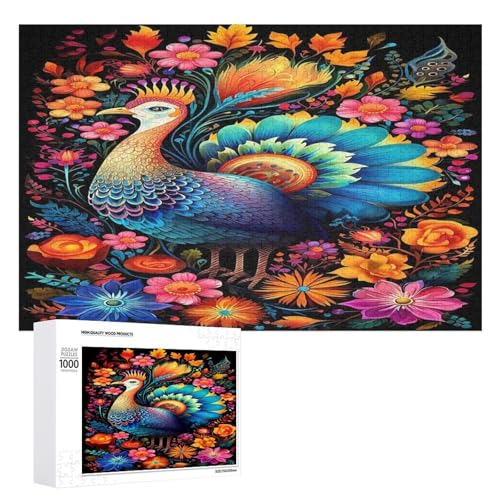 Holzpuzzle für Erwachsene, 300/500/1003 Teile, buntes Blumen-Pfau, abstrakter Poster-Stil, naive Kunst, horizontales Holzpuzzle, Geschenke für Männer, Frauen und Senioren, Familienspiel von Generisch